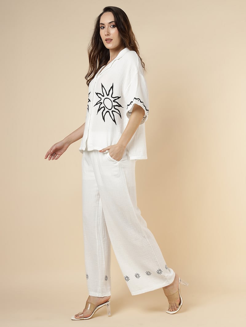 White Sun Motif Shirt and Wide-Leg Trouser Co-ord Set
