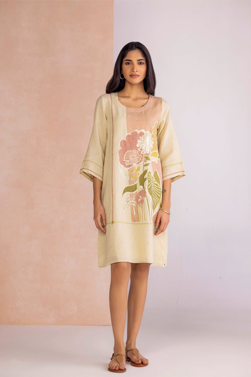 Off White Linen-Blend Printed Shift Knee-Length Dress