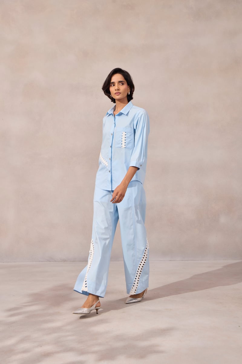 Frost Blue Cotton Poplin Shirt with Contrast Lace Inlay
