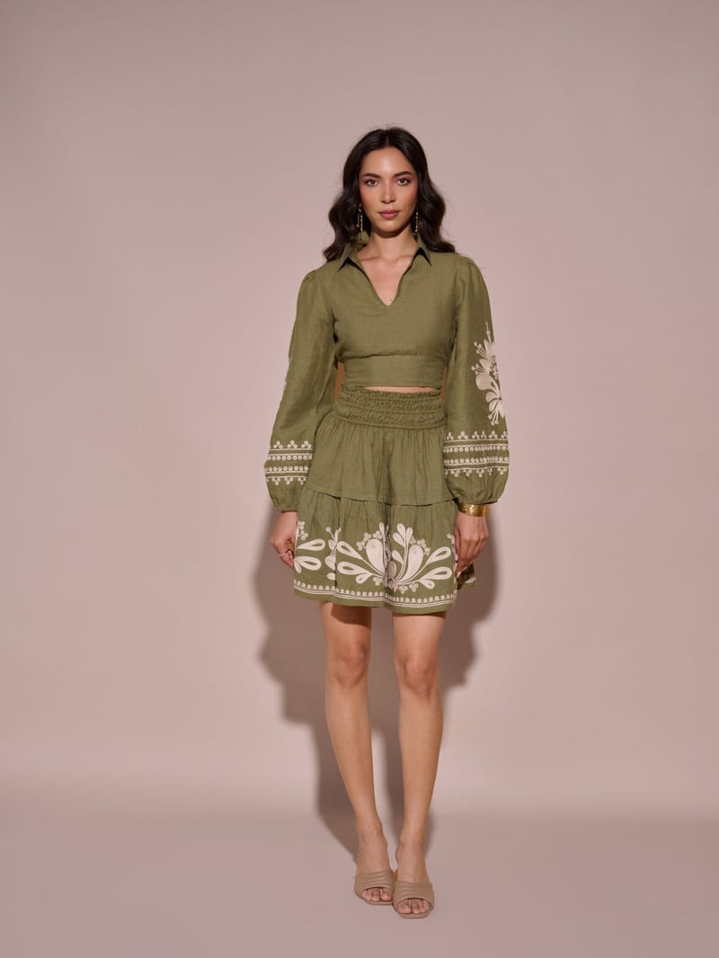 Green Linen Crop Top with Embroidered Sleeves