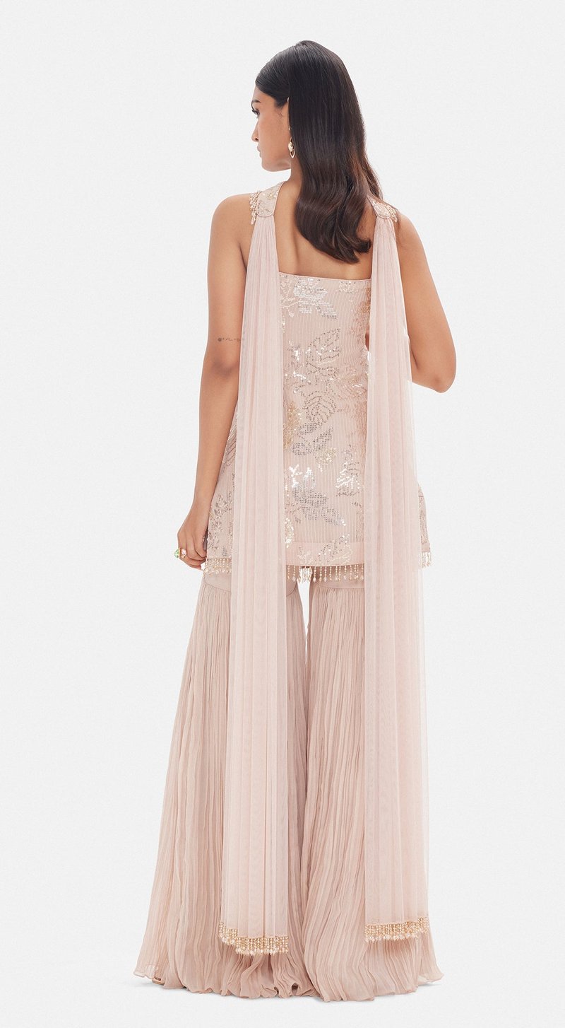 Baby Pink Georgette Sequin Kurta Sharara Set with Dupatta
