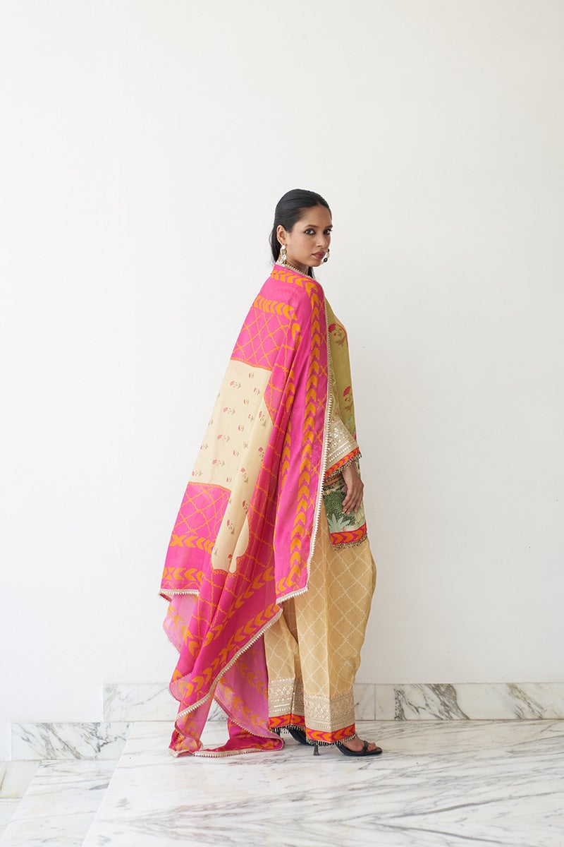 Mustard Yellow Printed Kurta Set with Mirror Work