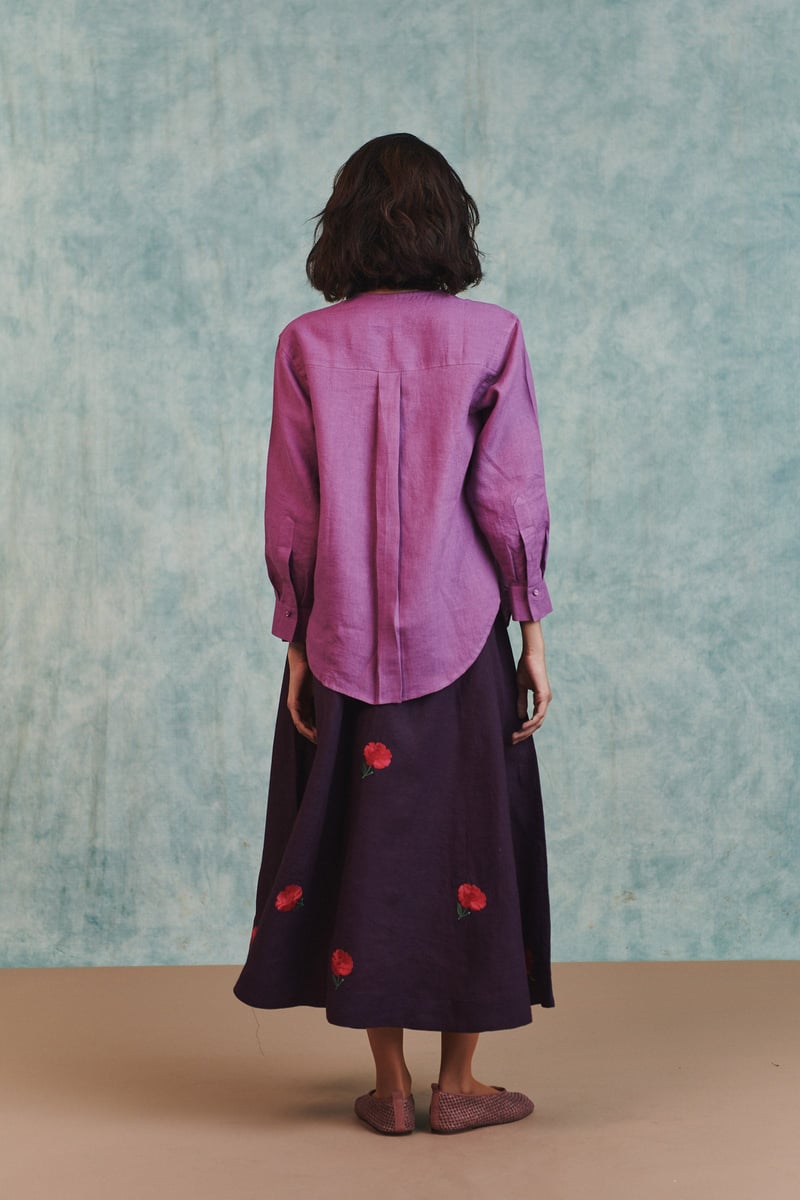 Berry Linen Embroidered Round Hem Shirt