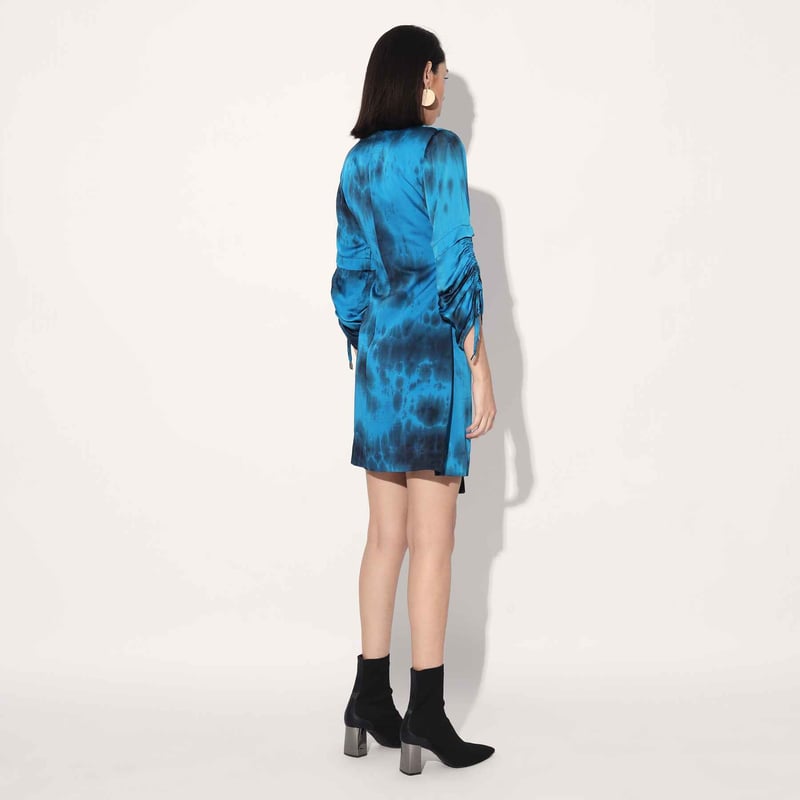 Blue Tie-Dye Satin Wrap Jacket Mini Dress