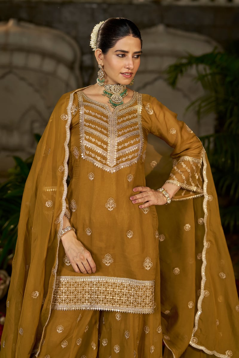 Yellow Organza Embroidered Kurta Sharara Set with Dupatta