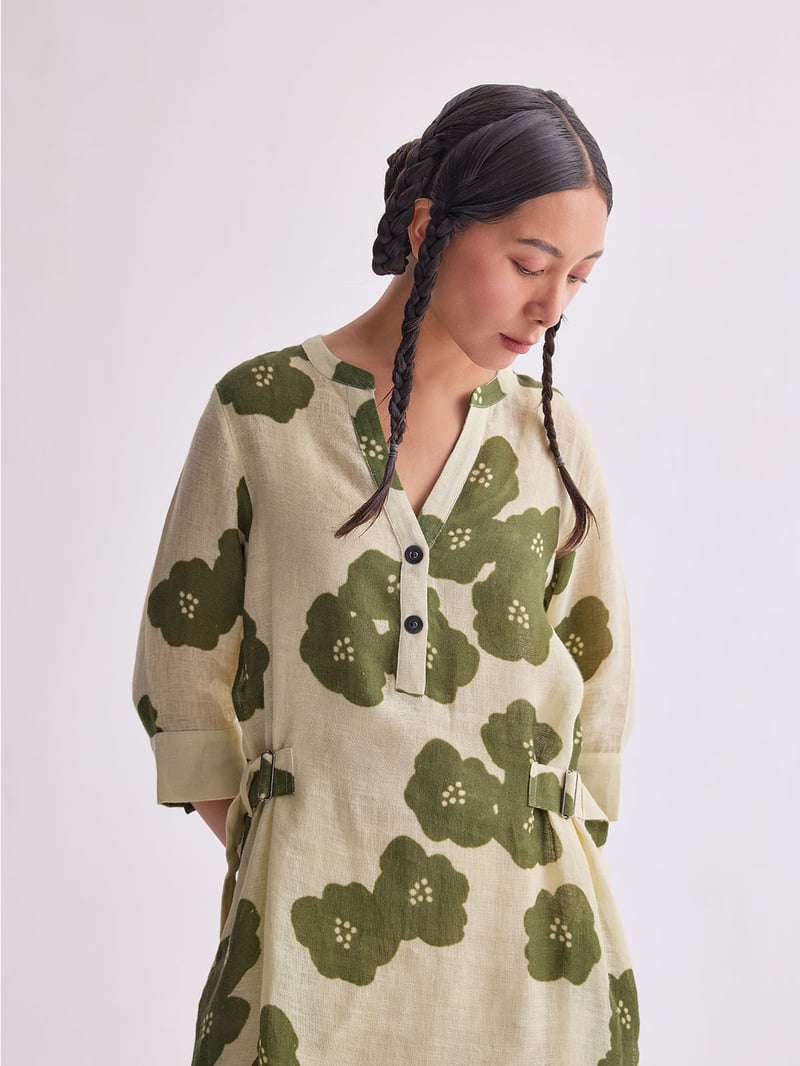 Green Poppy Gauze Linen Floral Midi Dress