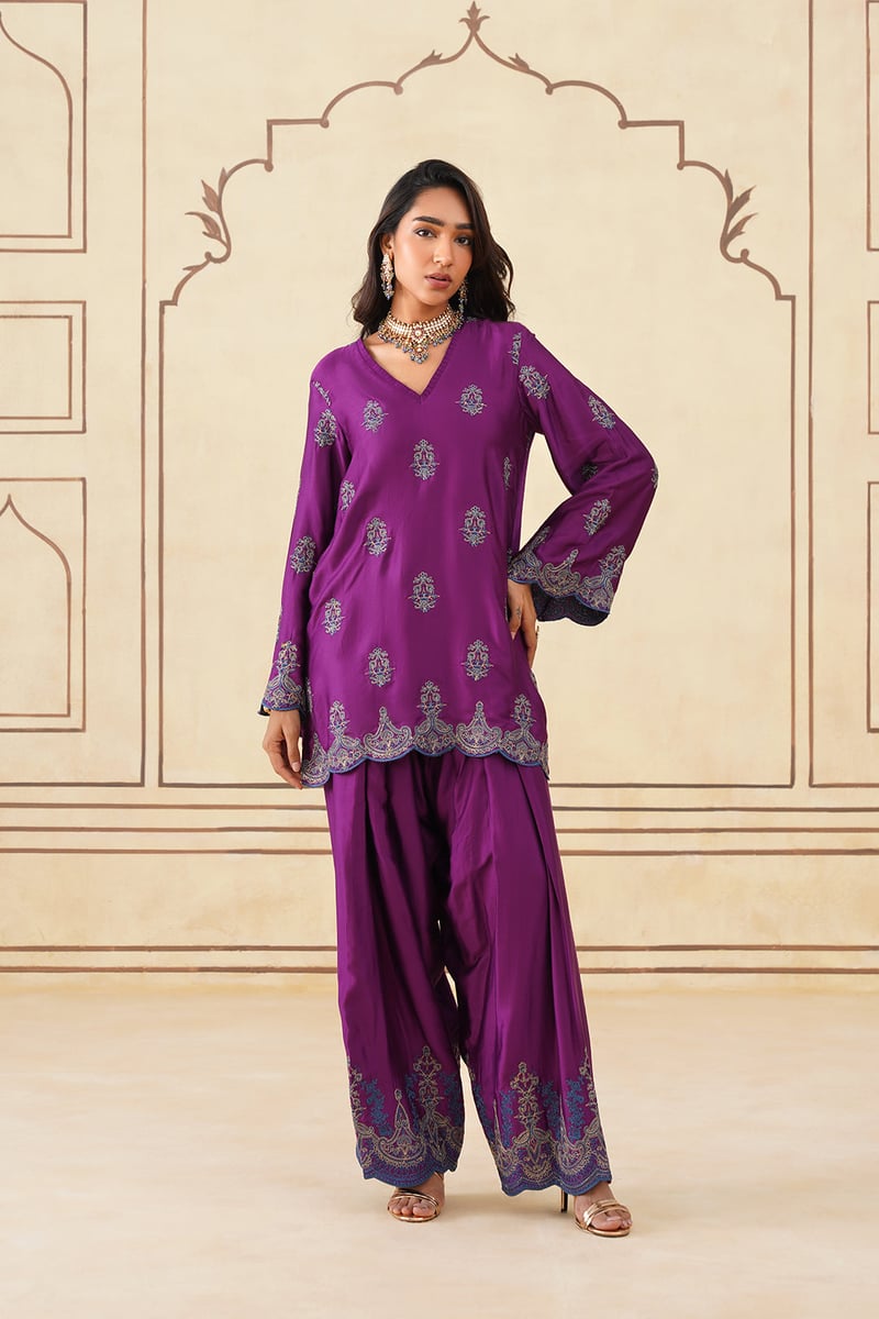 Wine Embroidered Kurta Set with Farshi Pants and Dupatta