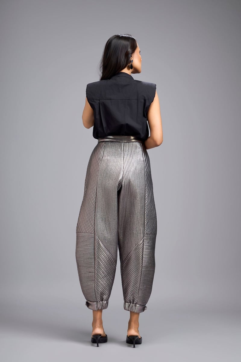 Gunmetal Metallic Quilted High-Rise Tapered Pants