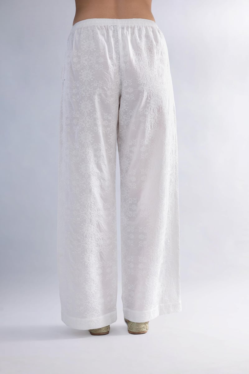 White Cotton Schiffli Straight-Leg Trousers