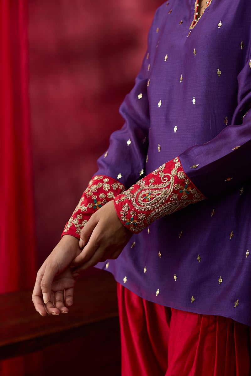 Purple Tunic and Red Salwar Co-ord Set With Embroidered Cuffs