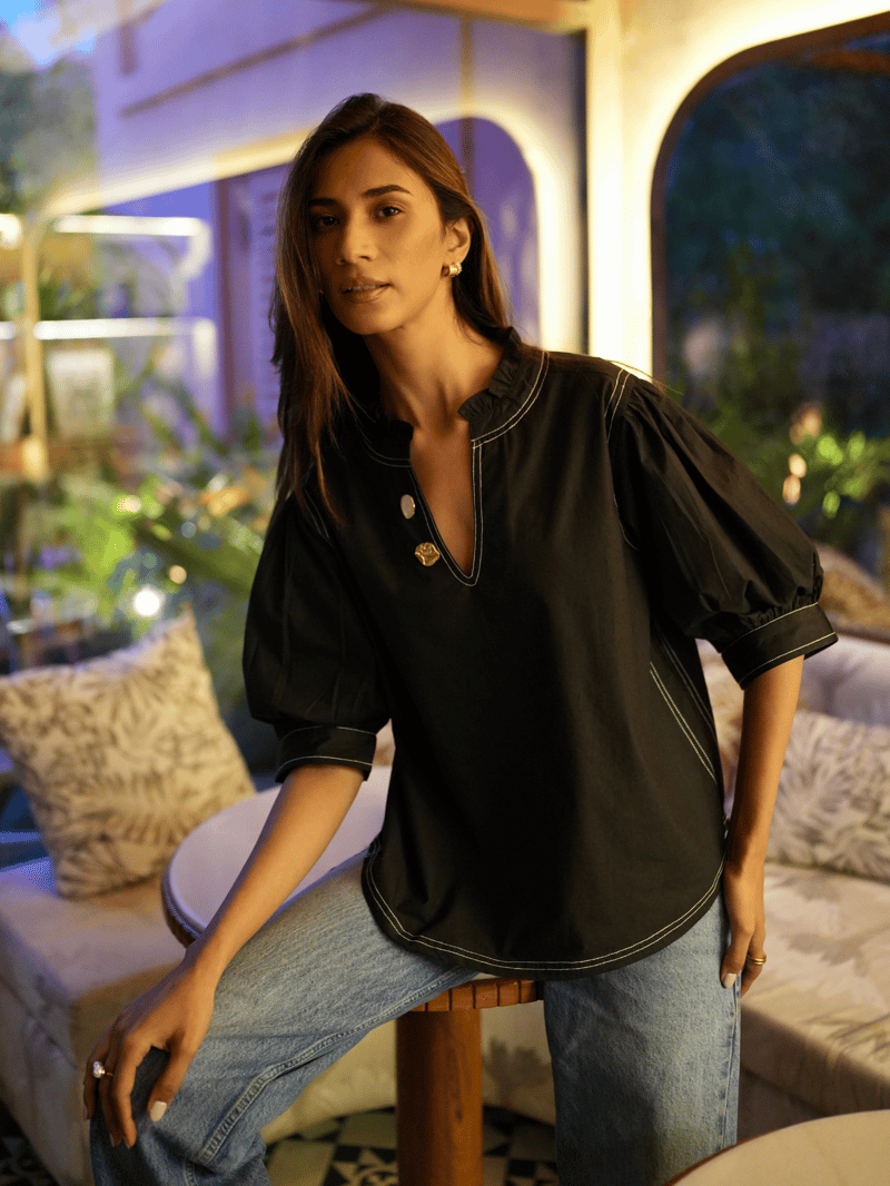 Charcoal Cotton Poplin Puff Sleeve Top with Button Detail