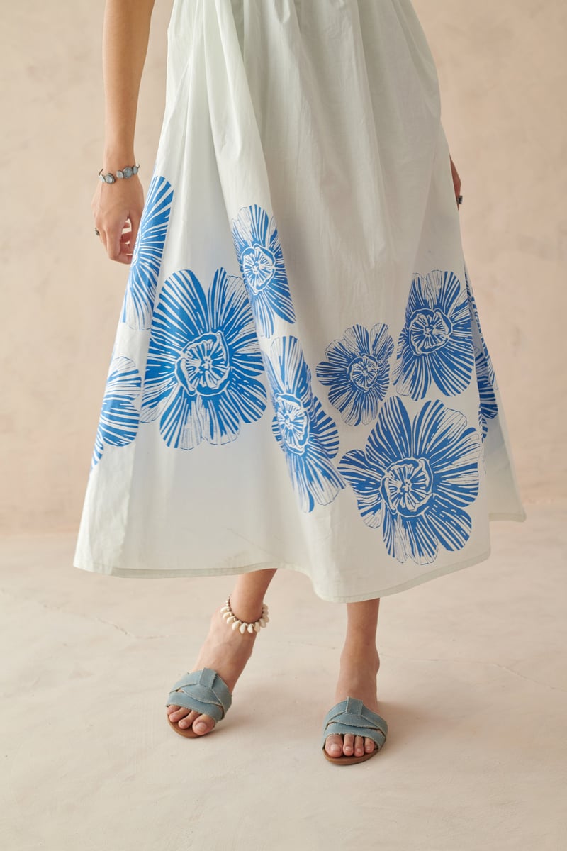 White Cotton Fit and Flare Midi Dress with Blue Floral Print