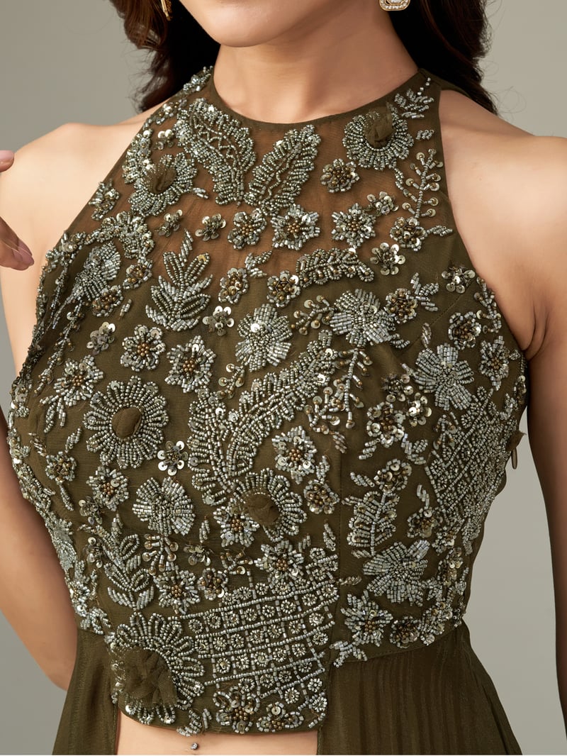 Green Embellished Halter Co-ord Set with Wide-Leg Pants