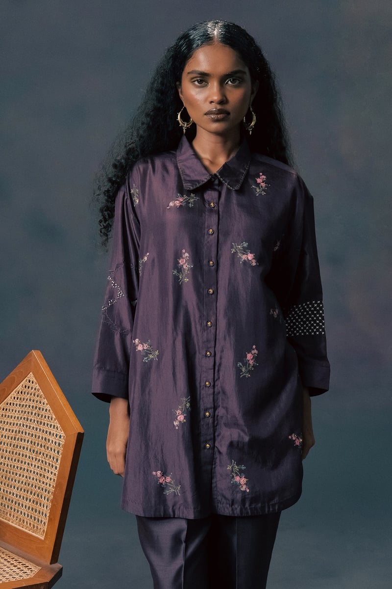 Print Drop Shoulder Shirt In Silk With Pants
