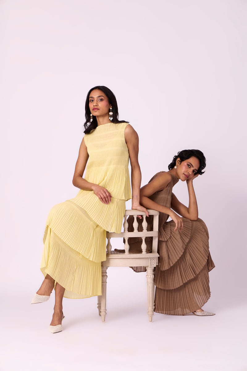 Taupe Tiered Pleated Chiffon Maxi Dress