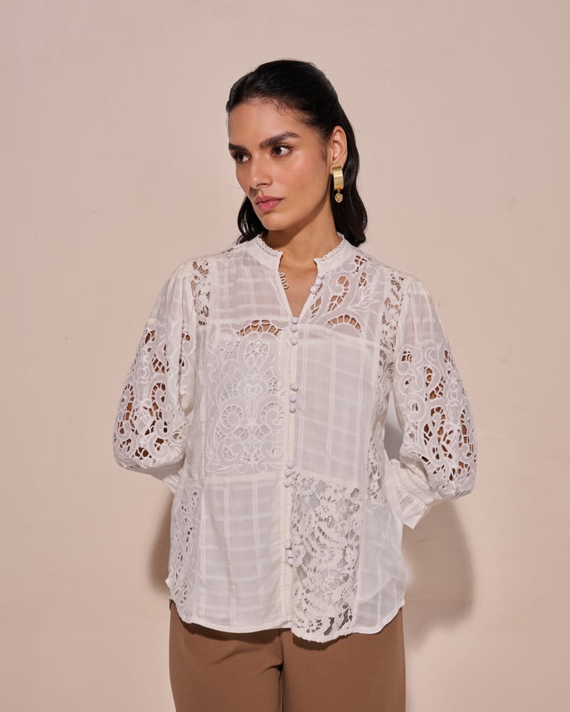 White Cotton Lace Insert Mandarin Collar Top