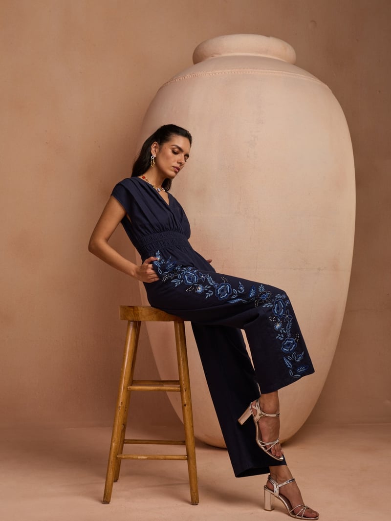 Blue V-Neck Smocked Waist Embroidered Jumpsuit