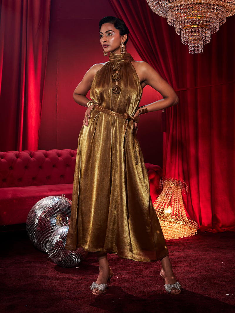 Antique Gold Metallic Halter Jumpsuit with Rosette Detail