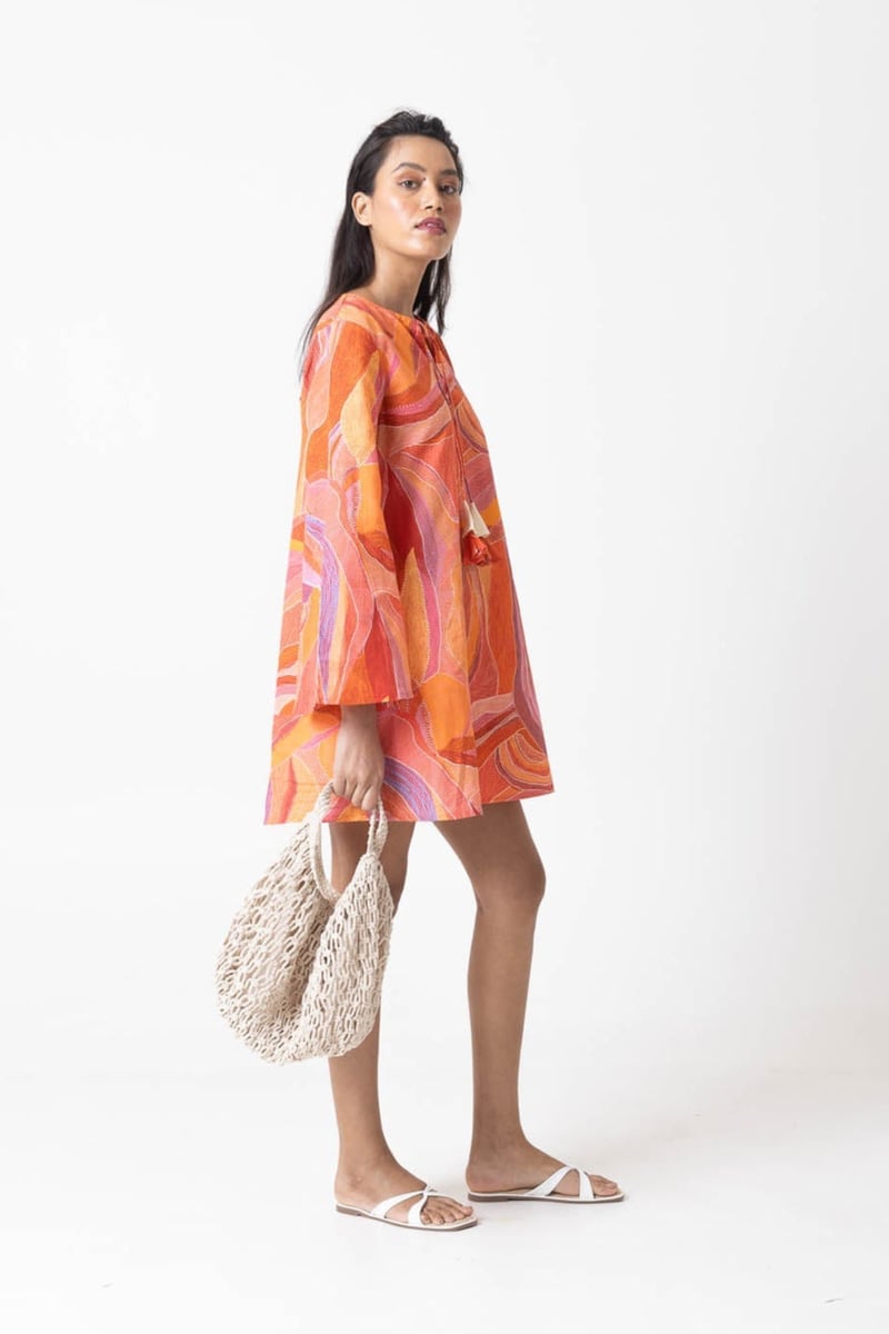 Orange/Multicolor Abstract Print A-Line Mini Dress