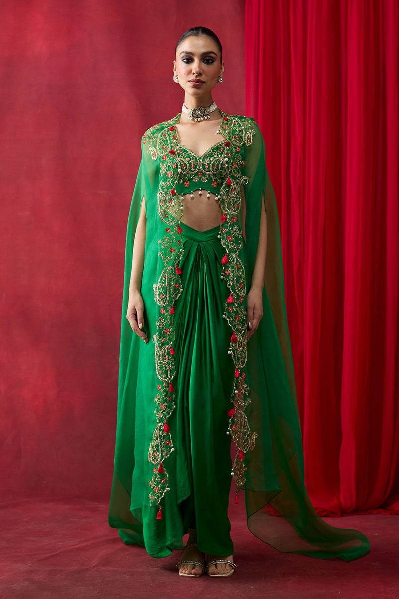 Green Embroidered Cape Co-ord Set with Draped Maxi Skirt — Shikha Mehta