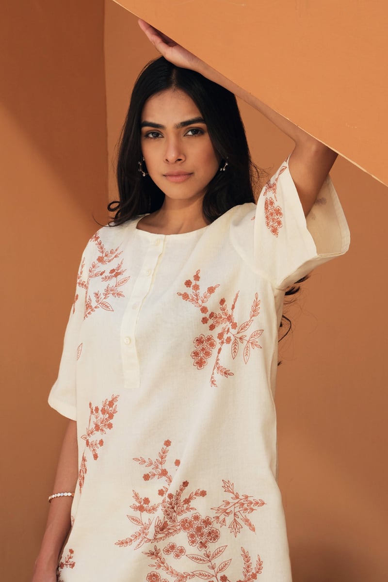 Off-White Floral Mul Mul Co-ord Set with Pants