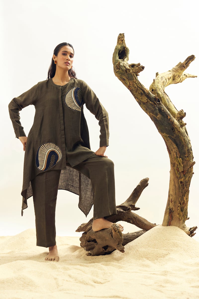 Olive Linen Tunic and Straight Pants Co-ord Set