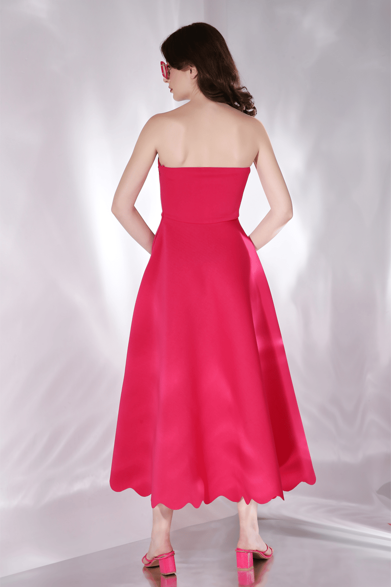 Hot Pink Fit and Flare Midi Dress with Detachable Bow