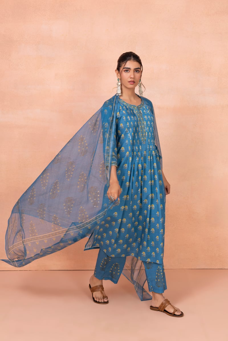 Blue Floral Printed Cotton Kurta Set with Dupatta