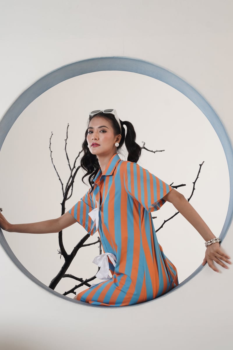 Blue and Orange Striped Mini Shirt Dress with Bow Detail