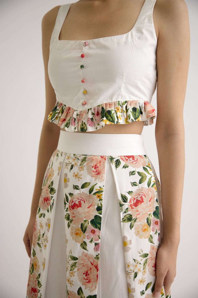 White Floral Crop Top and Midi Skirt Co-ord Set