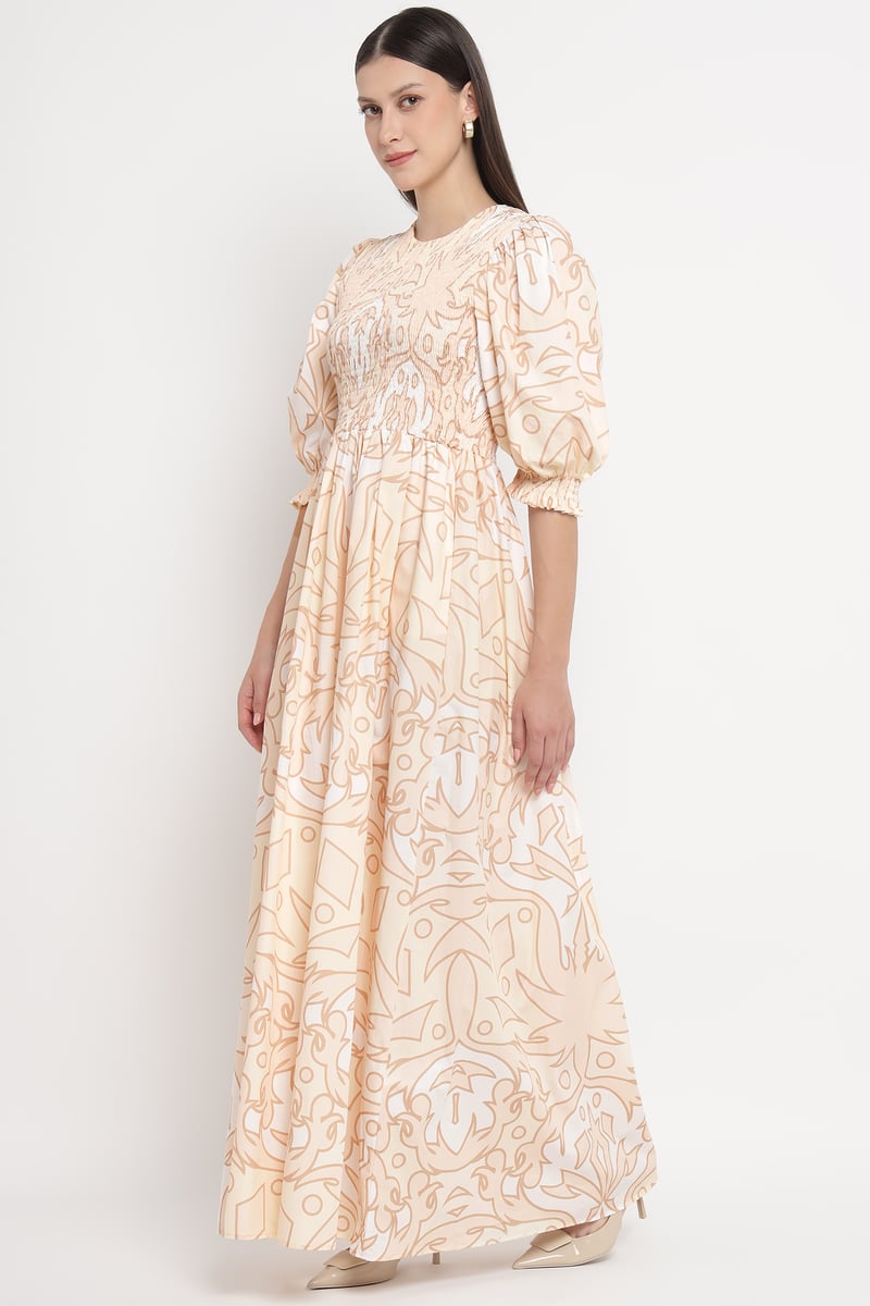 Palma Beig Abstract Print Smocked Maxi Dress