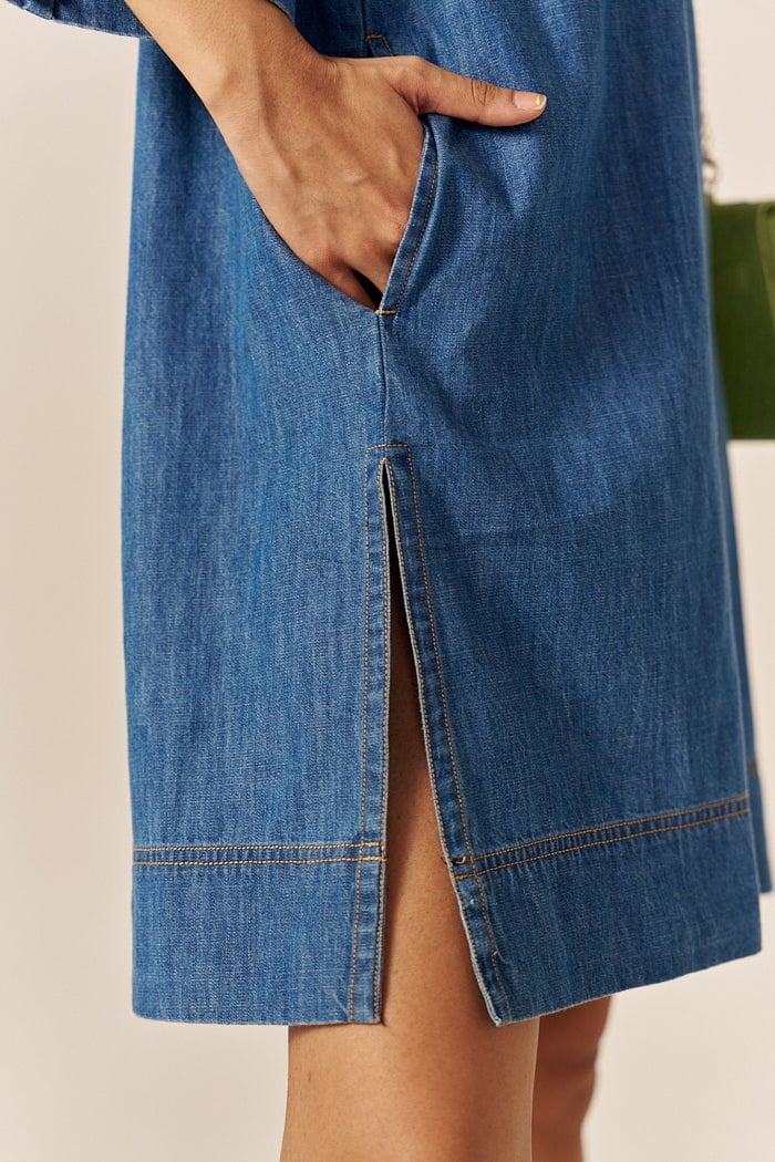 Blue Cotton Slub Denim Relaxed Mini Shirt Dress