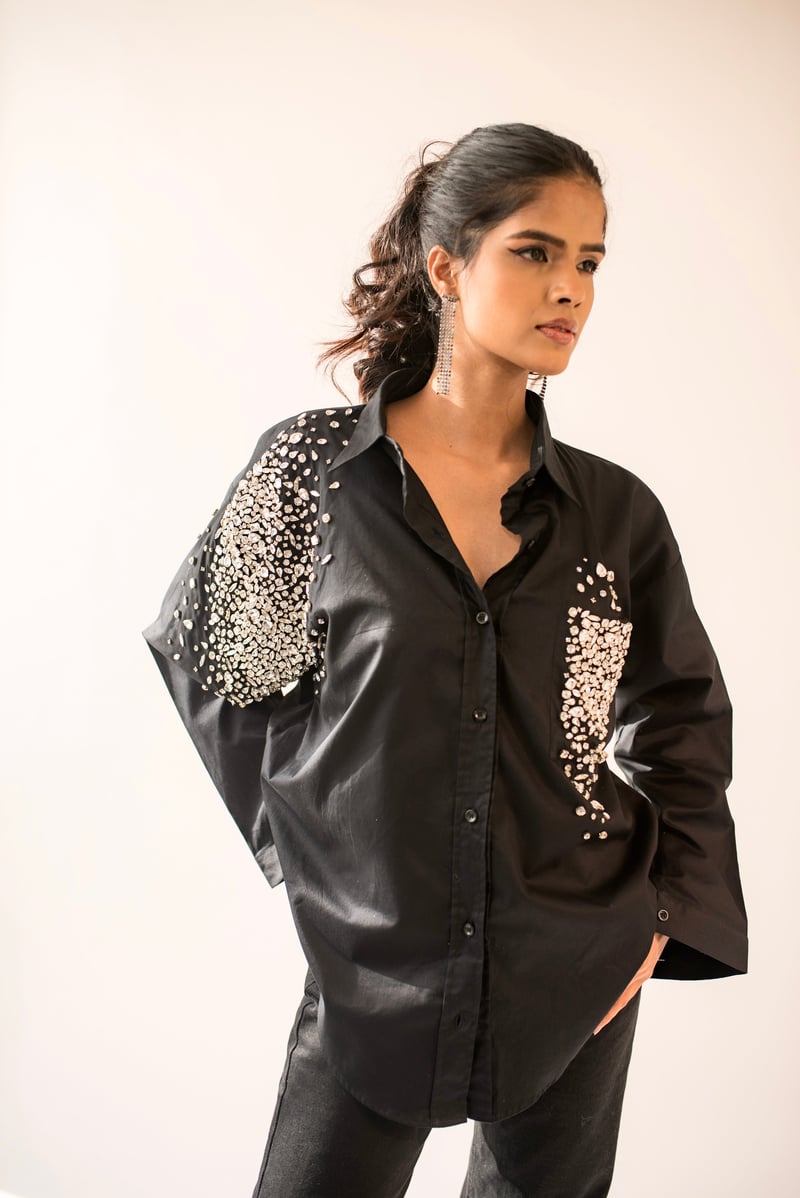 Black Embellished Long Sleeve Button-Down Shirt