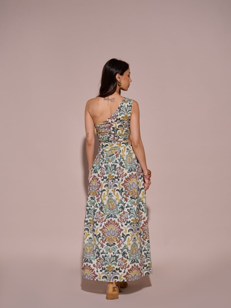 Green One-Shoulder Printed Maxi Dress with Waist Cut-Out