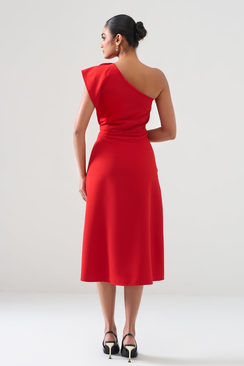 Red One-Shoulder Midi Dress with Rosette Detail