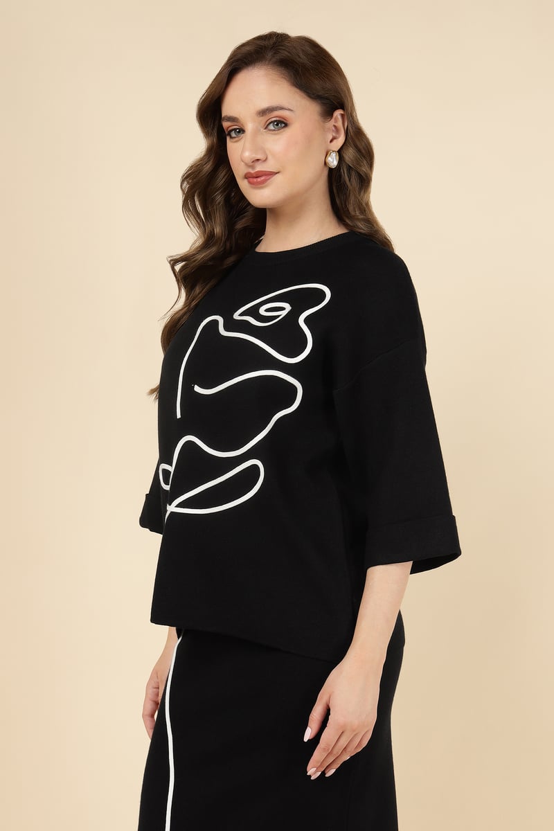 Black Graphic Knit Top and Midi Skirt Co-ord Set