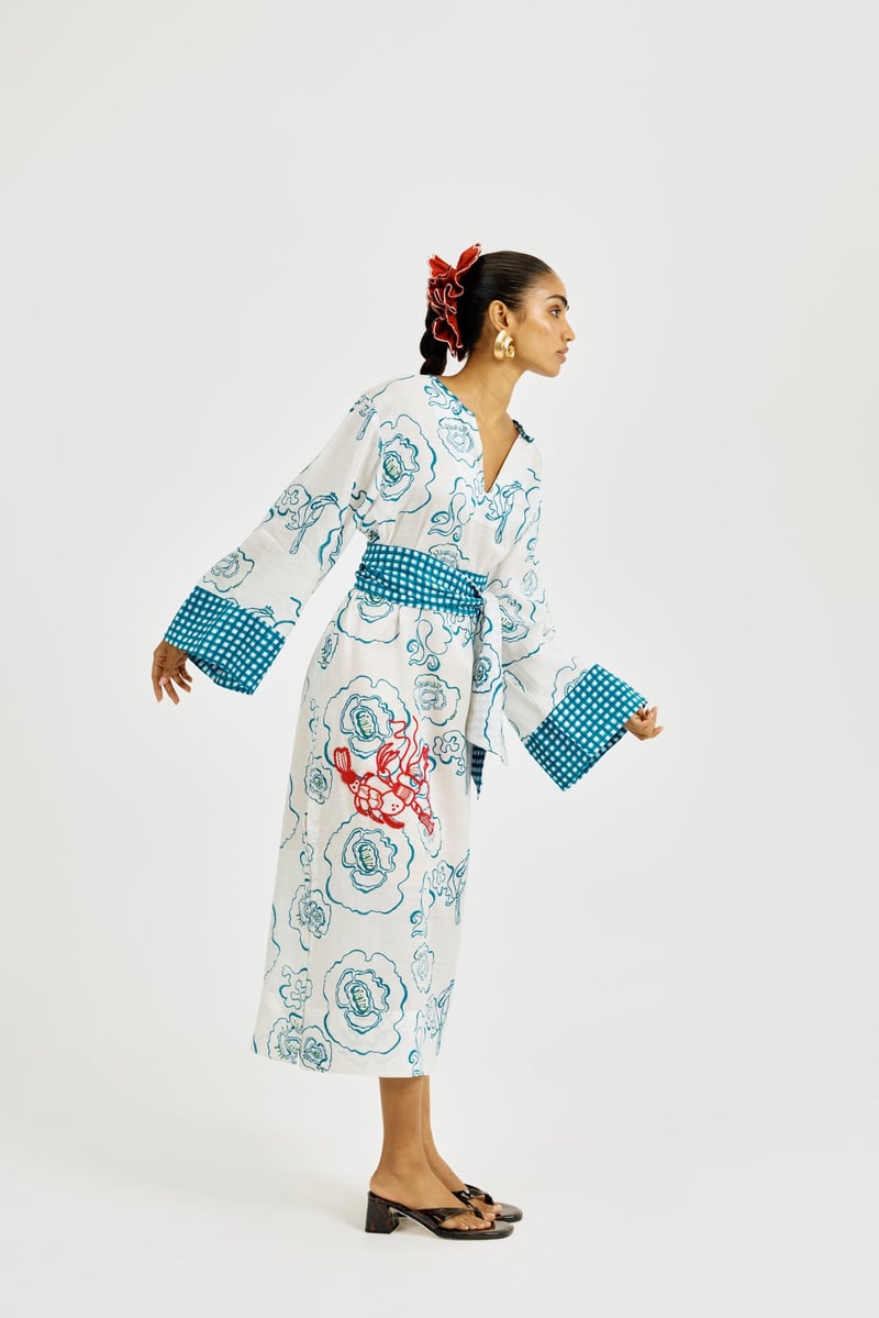 White and Blue Printed Belted Midi Dress