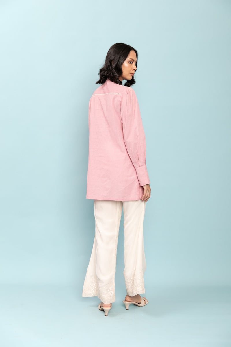 Pink Cotton Flex Longline Shirt with Pearl Embellishments