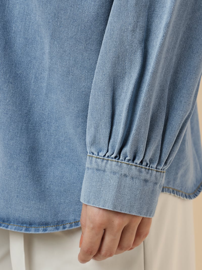 Light Blue Denim-Look Embroidered Longline Jacket