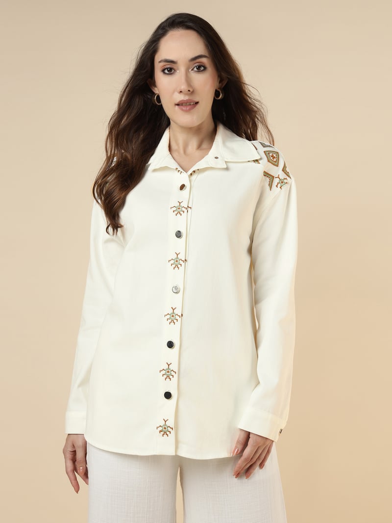 Ecru Cotton Twill Embroidered Button-Down Shirt