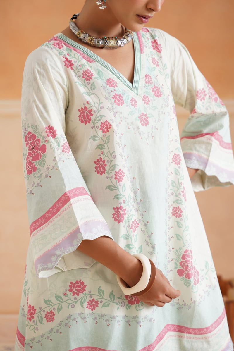 Mint Floral Printed Lawn Cotton 3-Piece Kurta Set