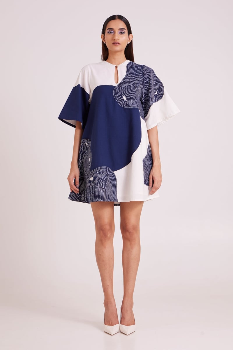 Navy and Off-White Colorblock Embroidered Mini Shift Dress