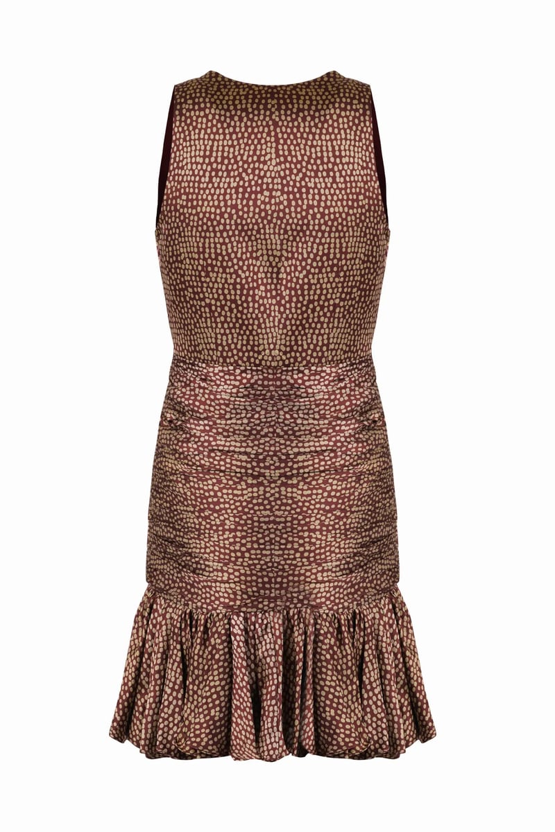 Brown Printed Halter Ruched Ruffle Mini Dress