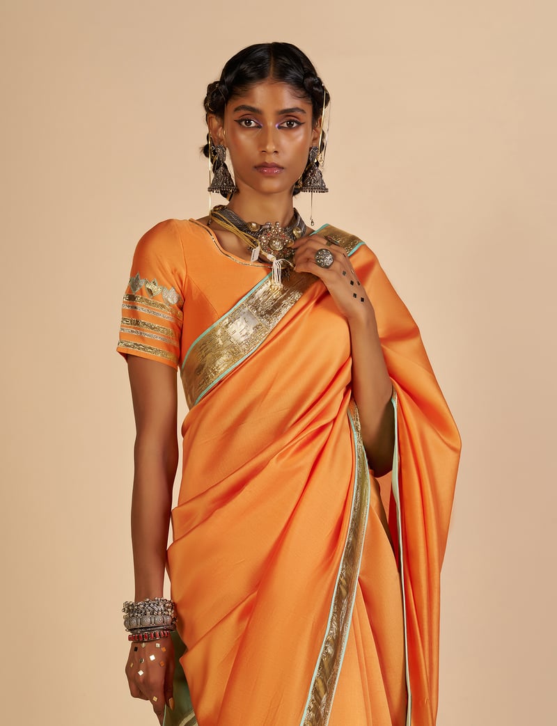 Orange Silk Chanderi Saree with Aqua Pallu and Gota Border