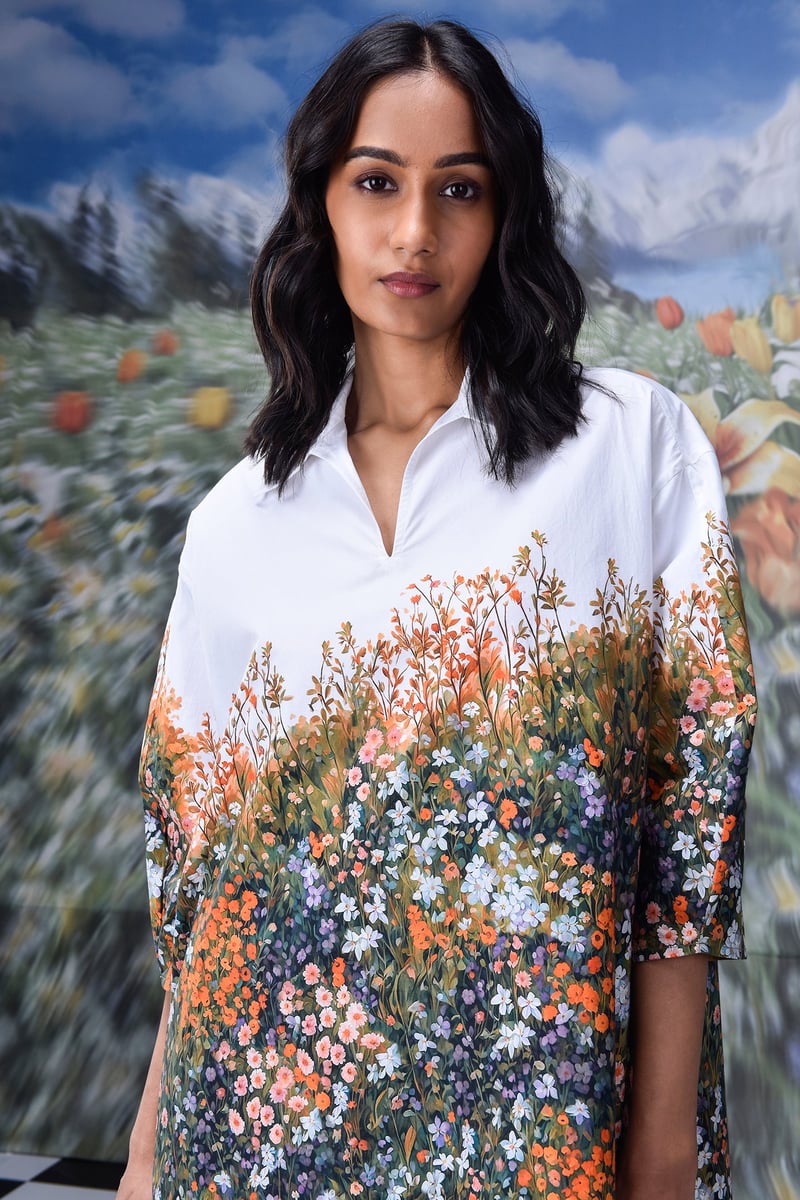 Meadow Print Relaxed Fit Cotton Poplin Shirt Dress