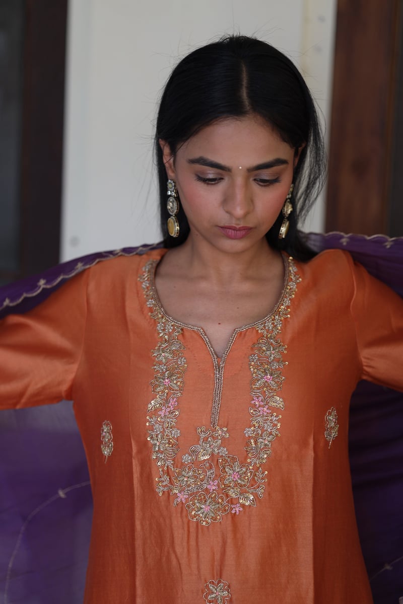 Rust Orange Zardozi Yoke Chanderi Silk Kurta Set