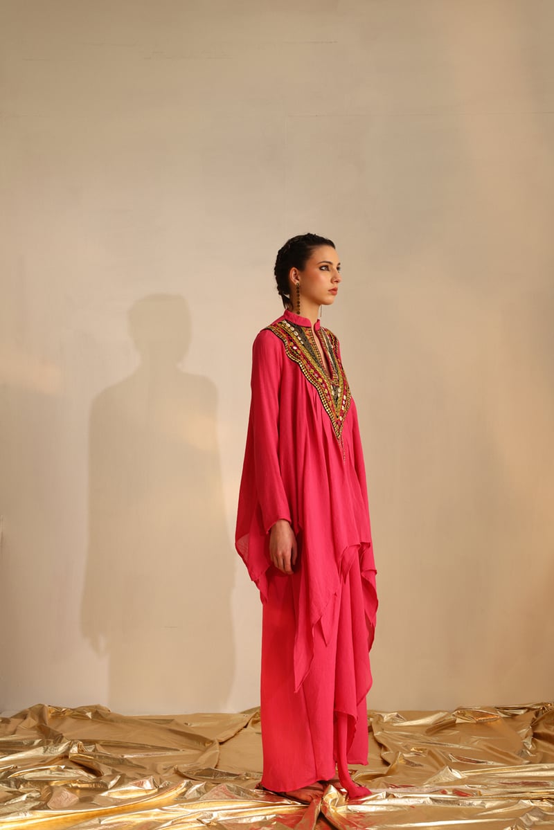 Hot Pink Embellished Yoke Top and Draped Skirt Co-ord Set