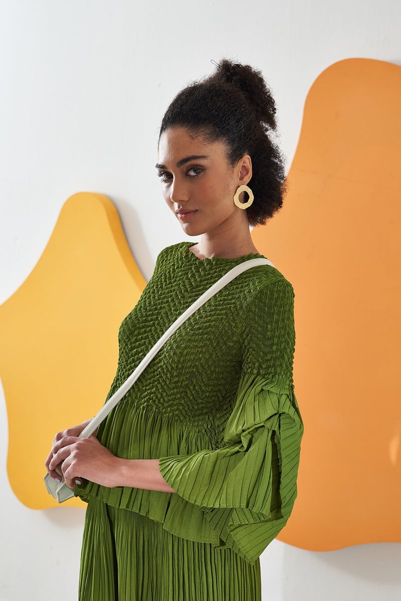Lime Green Smocked Top and Pleated Skirt Co-ord Set