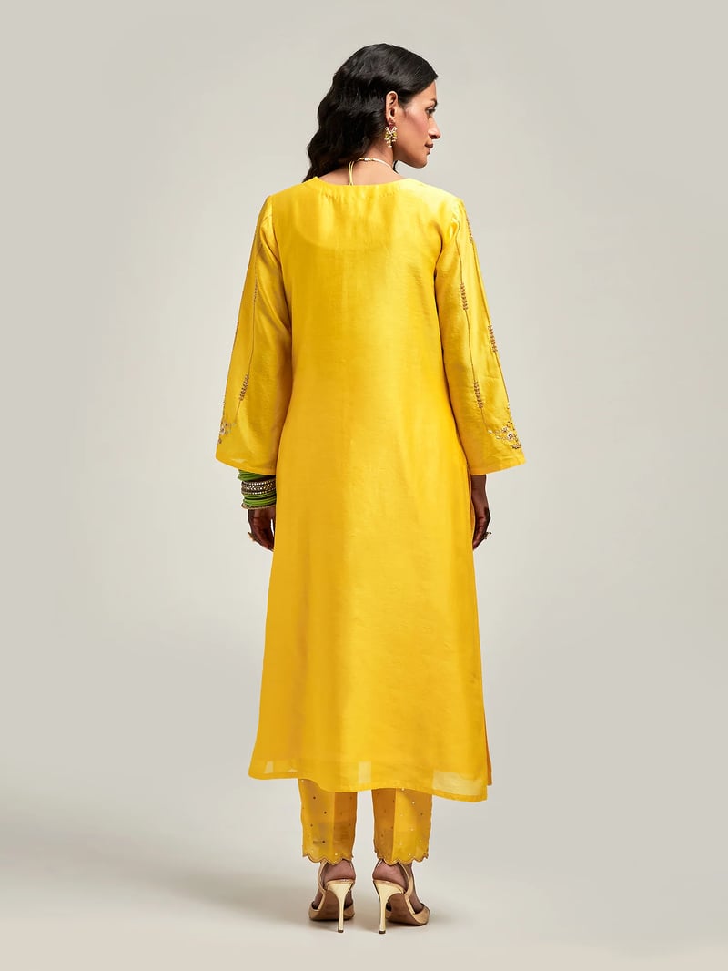 Yellow Silk Chanderi Embroidered Straight Kurta Set
