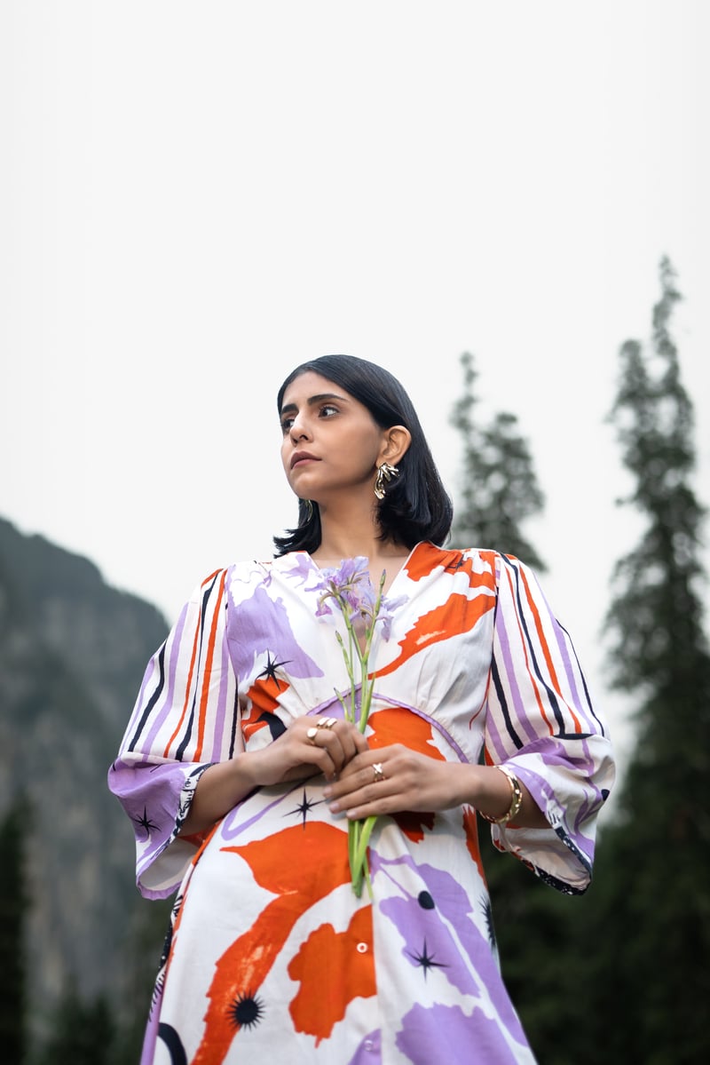 White Orange Printed Recycled Cotton Midi Dress